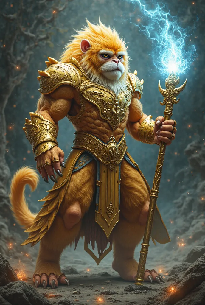 Create a realistic image of the fusion of a monkey dressed as a monk with a golden lion .
Create a muscular humanoid monkey with golden armor with characteristics of a lion .
Do it with a magic staff with a bright blue light.