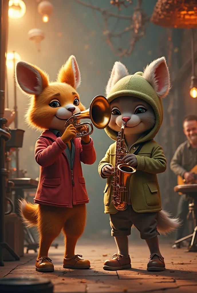 Spark and smoke playing trombone and saxophone