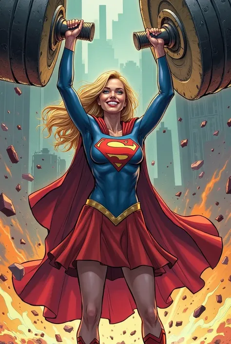 Supergirl lifts an even greater weight than the Hulk with just one hand, smiling easily. Fun and heroic scene,  comic book style ."