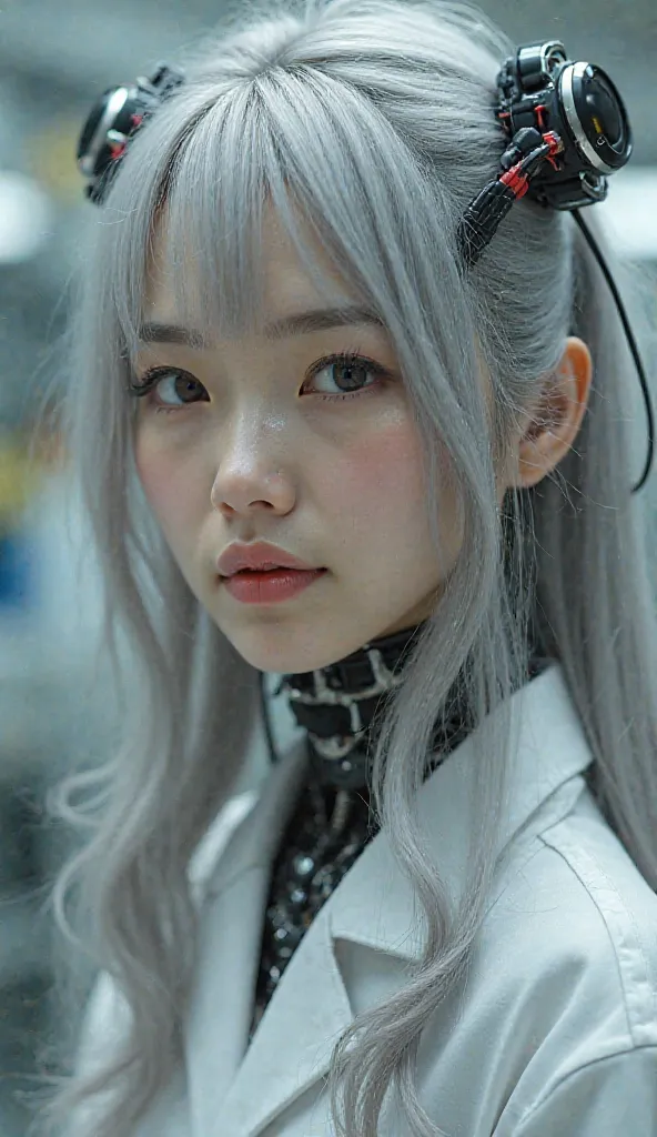 beautiful face,The face is Japan  ,   female 1 person, big, curved, (16k, RAW photo, top quality, masterpiece: 1.2), ( nothing , realistic, Photorealistic: 1.37) (  The tube is connected to the tube ), (bikini cyborg robot parts)))), ( Light grey hair), lo...