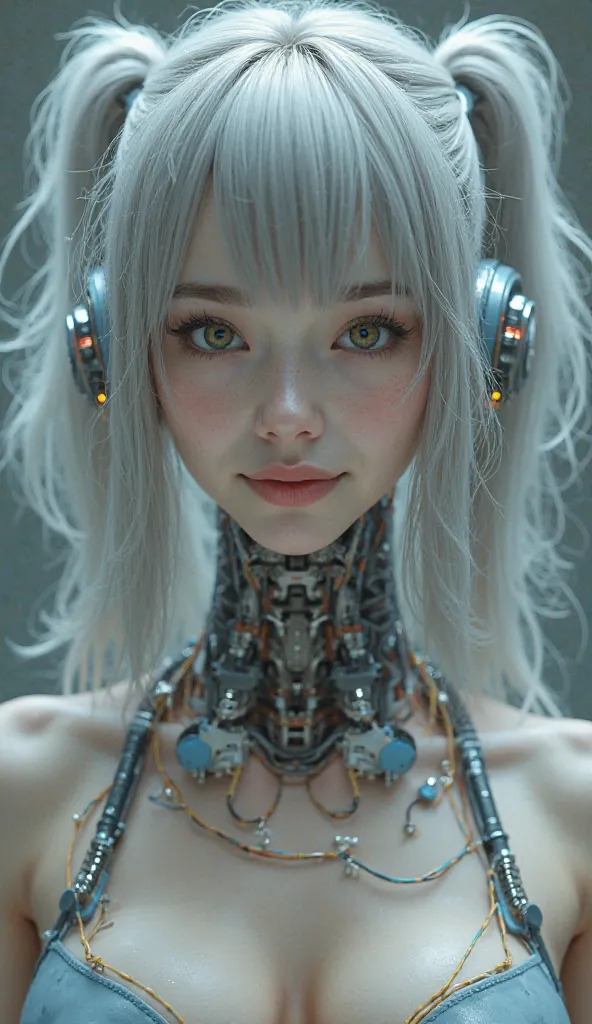 beautiful face,The face is Japan  ,   female 1 person, big, curved, (16k, RAW photo, top quality, masterpiece: 1.2), ( nothing , realistic, Photorealistic: 1.37) (  The tube is connected to the tube ), (bikini cyborg robot parts)))), ( Light grey hair), lo...