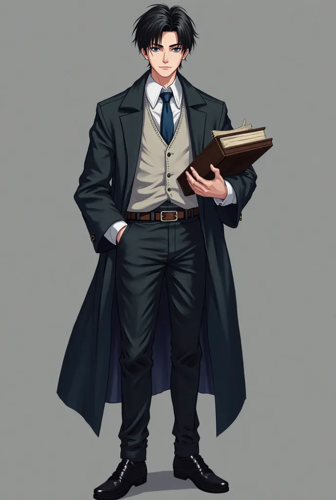 Play me an anime character in the Harry Potter universe, Being an adult male, with dark black hair, black eyes,  Wearing a medieval outfit , with a white button-down shirt with a blue tie, with black dress pants, wearing a black full shoe, serious face, fu...