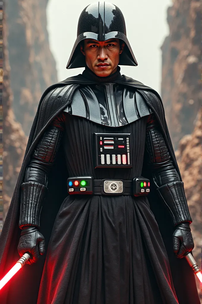 A fusion of Bruce Lee and Darth Vader, martial arts master in Sith armor, intense energy, powerful stance, digital art, hyperrealistic, epic crossover concept 