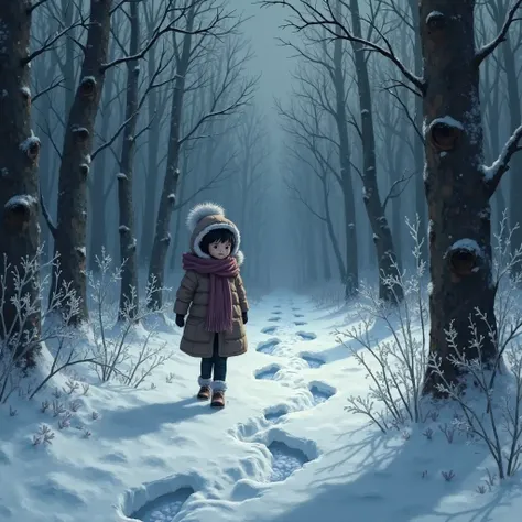 Girl in the strong snow, There are snow figures, en un bosque oscuro, is following footprints on the floor. 