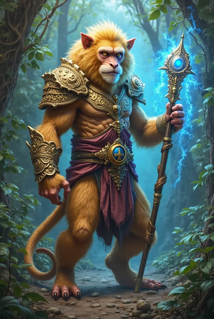 Create a realistic image of the fusion of a monkey dressed as a monk with a golden lion .
Create a muscular humanoid monkey with golden armor with characteristics of a lion .
Do it with a magic staff with a bright blue light.
Do it in the middle of the jun...