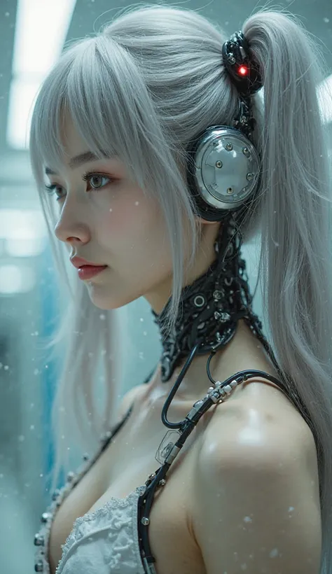 beautiful face,The face is Japan ,  1 female, big, Curvy, (16k, RAW photo, top quality, masterpiece: 1.2), (High Resolution, realistic, photorealistic: 1.37) (  tubes connected to tubes ), (bikini cyborg robot parts)))), ( light grey hair), long hair, wave...