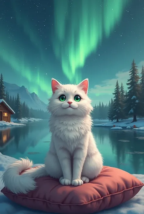 A fluffy Siberian cat with emerald-green eyes, sitting regally on a velvet cushion.Anime character, Studio Ghibli-inspired, soft watercolor textures,A serene lakeside cabin under a aurora borealis, tranquil and magical,4K resolution, cinematic lighting, 16...