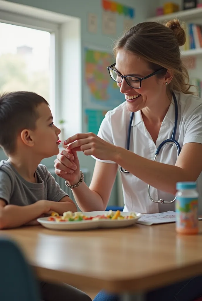 real photo with therapist, showing and teaching feeding therapy, in a school or therapy room photos that are different, school, therapy, s, eating, 
teaching