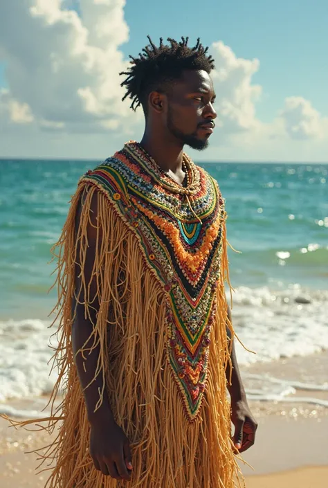 An image of Omulu young black man covered in straw on the edge of the beach with yemanjá
