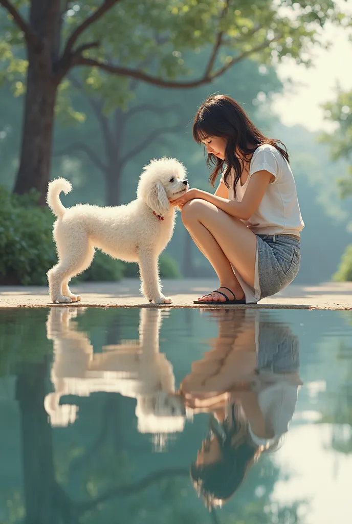 (top quality, masterpiece: 1.2), photorealistic, t-shirt、 midi skirt 、 sandals on the skin、Knee, squats 、Playing with a dog、smile、  Japanese Beauty ,poodle,I'm staring at the dog with kind eyes,The whole body is reflected without people,{I can see a little...