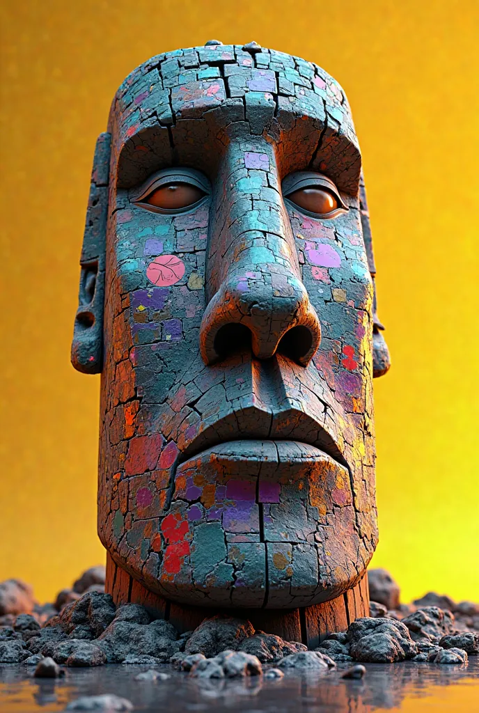  Moai head detailed in colored stained glass with lots of 3d graffiti and on a yellow background with a Dalí style and space lighting
