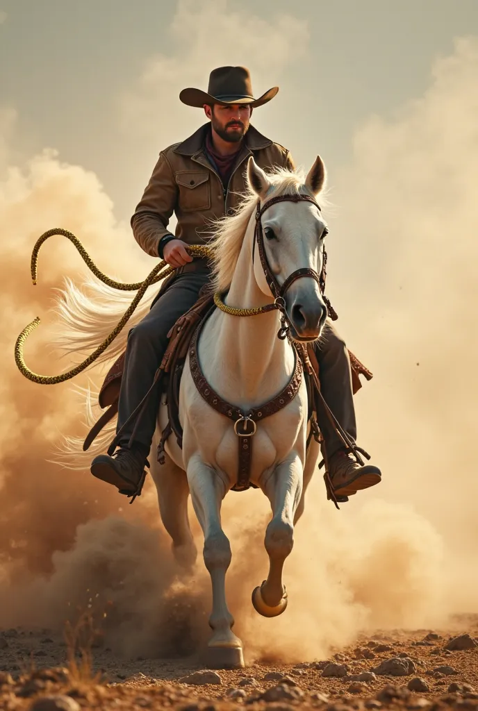 A cowboy on top of a white horse, running, holding a rope wrapped around the arm to tie an ox, golden and shiny rope, Dust cloud rising around, 