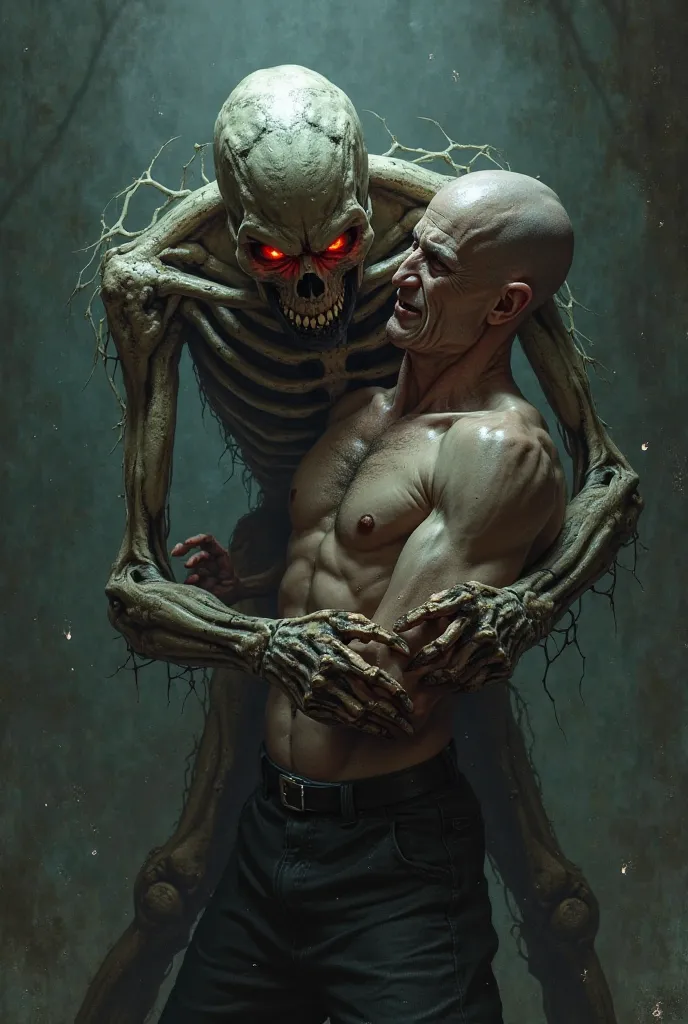 a strong, skeletal creature with red eyes clutching a white man,Strong and bald who is scared