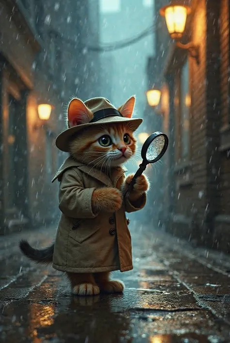 A baby cat dressed as a classic detective, with a trench coat and magnifying glass, investigating a mysterious scene."