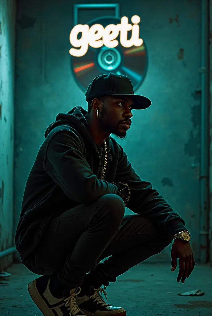 A young black man dressed as a rapper sitting facing left in an empty, half-dark room , With real CD disc in the background, And right on top it is written GEETI