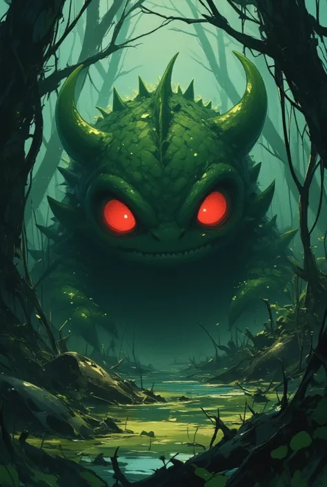 close up face, (((chibi, deformed, kawaii,))) In the dark, mist-covered toxic swamp, a (((cute monster))) dwells. The swamp water is decayed, bubbling, and emitting a foul stench. Among the withered trees, hidden in their shadows, the monster lurks. Its bo...