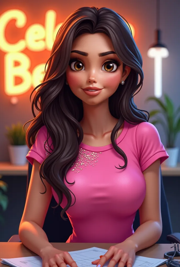 doll-style cartoon illustration of an attractive woman with long hair and black color. Her brown eyes and voluminous lips.  She has a pink t-shirt with some sparkles.  She is a designer and is seen sitting working. 
 VERY REALISTIC. 
Behind it a sign that ...