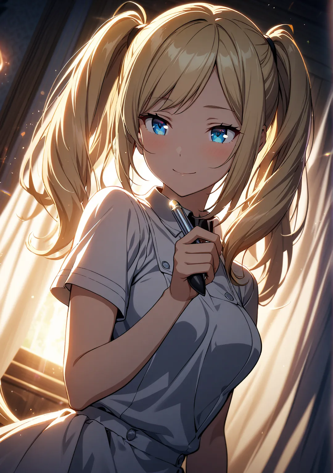 1 girl, Game CG, 
shallow depth of field, a portrait with a soft Gaussian blurred background, creating a dreamy atmosphere, focus on face, dutch angle, 

A young female nurse standing in a dimly lit bedroom. She’s wearing a white nurse uniform and holding ...