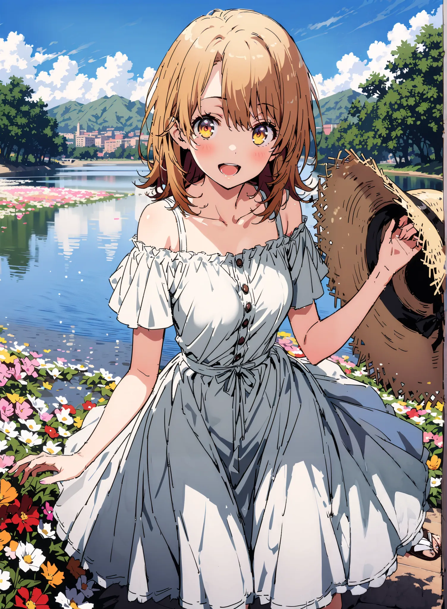 Irohaisshiki, Isshiki Iroha , short hair, brown hair, brown eyes, bare shoulders,Bare clavicle,Bare neck,smile,blush,open your mouth,straw hat with right hand, White Off Shoulder Dress,Short sleeve, white long skirt, cute heeled sandals ,There is a beautif...