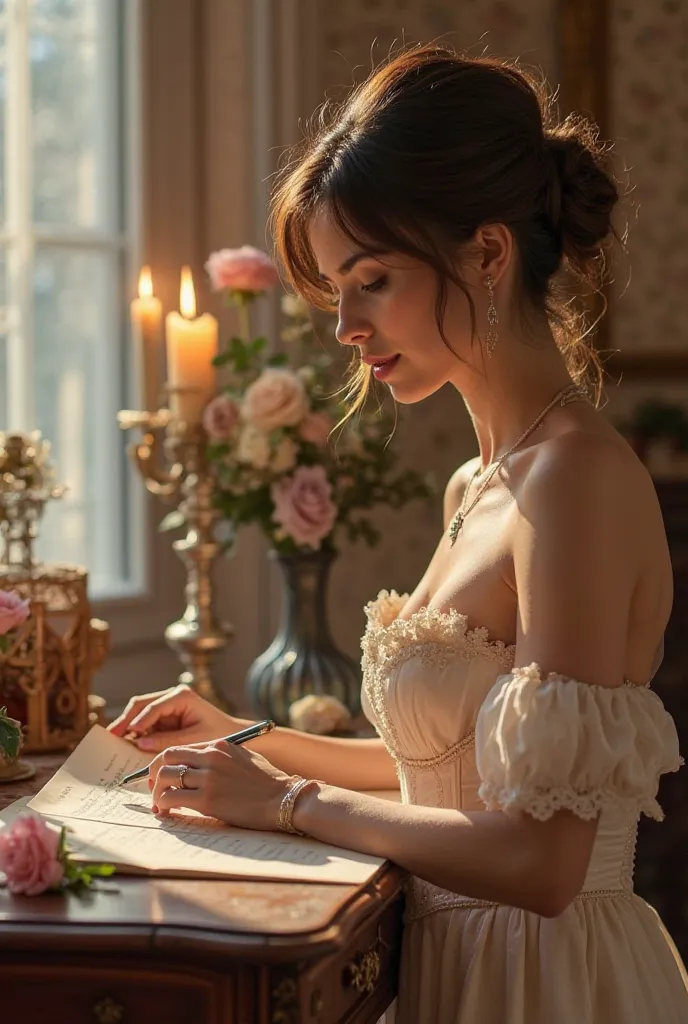 With a soft sparkle in the eyes and a smile that dances on the lips, she slides her gloved fingers over the delicate paper, as if touching the memory of the beloved. Dressed in an elegant ivory silk dress, with fine lace adorning the sleeves and a corset t...