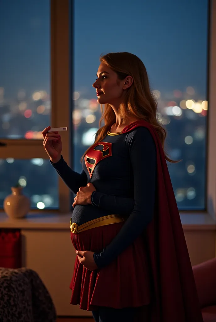 "Supergirl standing in her modern, cozy apartment. She holds a positive pregnancy test in her hand, her expression a mix of shock and wonder. Through a large window behind her, the city lights glow softly. She places one hand on her stomach, looking out th...