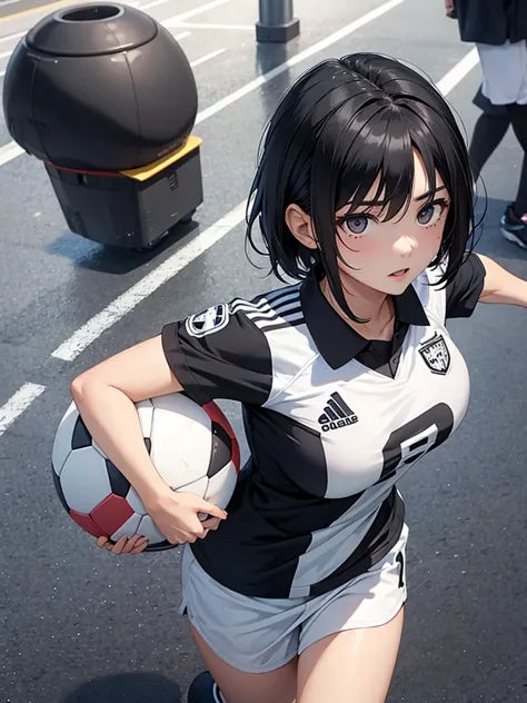 woman、 soccer player 、 Striker ,18 years old、Short black hair、dark eyes、big breasts、 uniforms are all white lace material、
