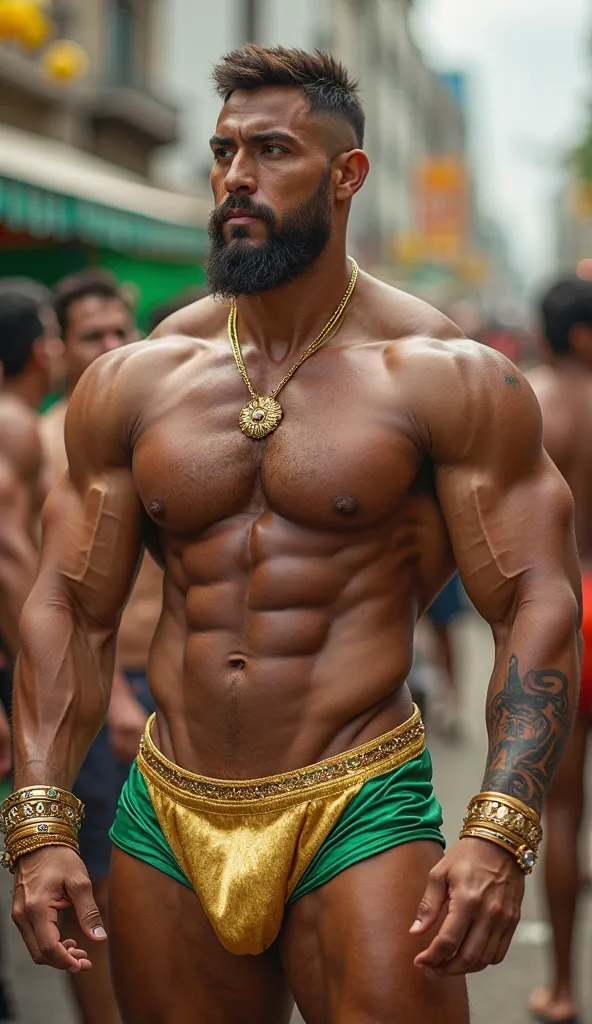 photo realistic Espectacular realista hombre brasileño hdr handsome y  muscular sexy, big biceps at a carnival, parading, el hombre handsome y con un penacho grande y espectacular de plumas grandes y largas en dorado y verde en la cabeza, As in the carniva...