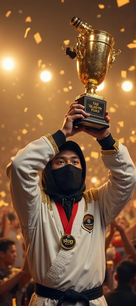 On a stage illuminated with golden lights and bright flashes, a victorious ninja stands proudly, holding aloft a golden trophy shaped like a camcorder on the top, wrapped in an elegant film tape. At the base of the trophy, You can clearly read  " First Pla...