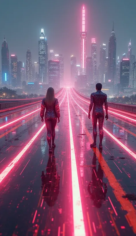 A cybernetic racetrack, stretching into the horizon. Two figures stand at the starting line, but one hesitates, their body flickering with uncertainty. The other launches forward, leaving streaks of neon fire in their wake. The skyline ahead glows with opp...