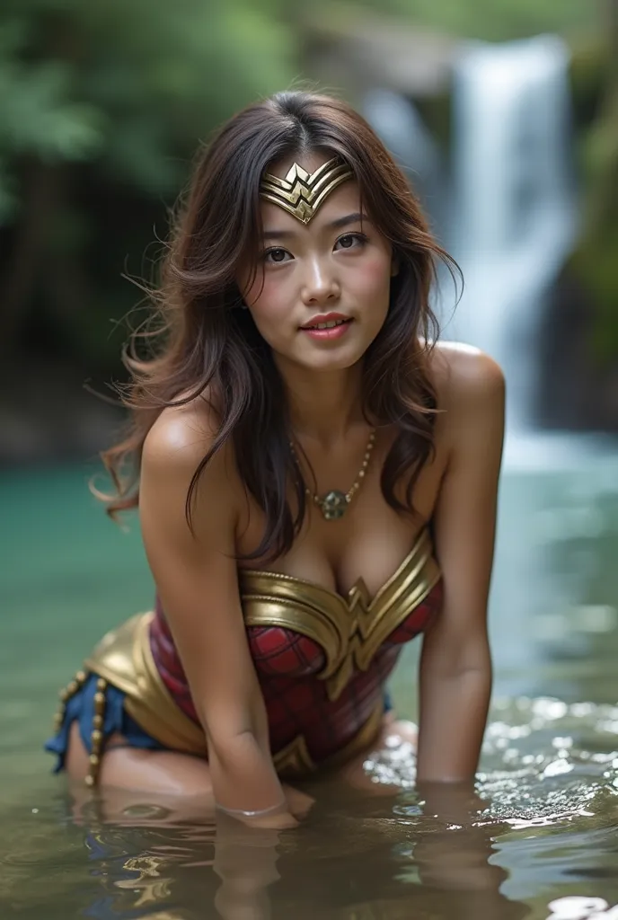 Japanese、cute、Wonder Woman。 brown hair、masterpiece、beautiful girl、beautiful eyes、Swollen eyes、A silver lining、best quality、超High Resolution、(reality:1.4)、Cinema Lighting、very beautiful、The perfect Wonder Woman cosplay。  very beautiful faces。 Japanese、 10th...