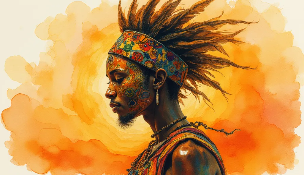 a watercolor painting inspired by J.M.W. Turner of a Yoruba warrior in motion wearing elaborate Nigerian tribal mask, double exposure effect with flowing watercolor washes, impression of dance movements captured with loose brushwork, golden orange sunset p...