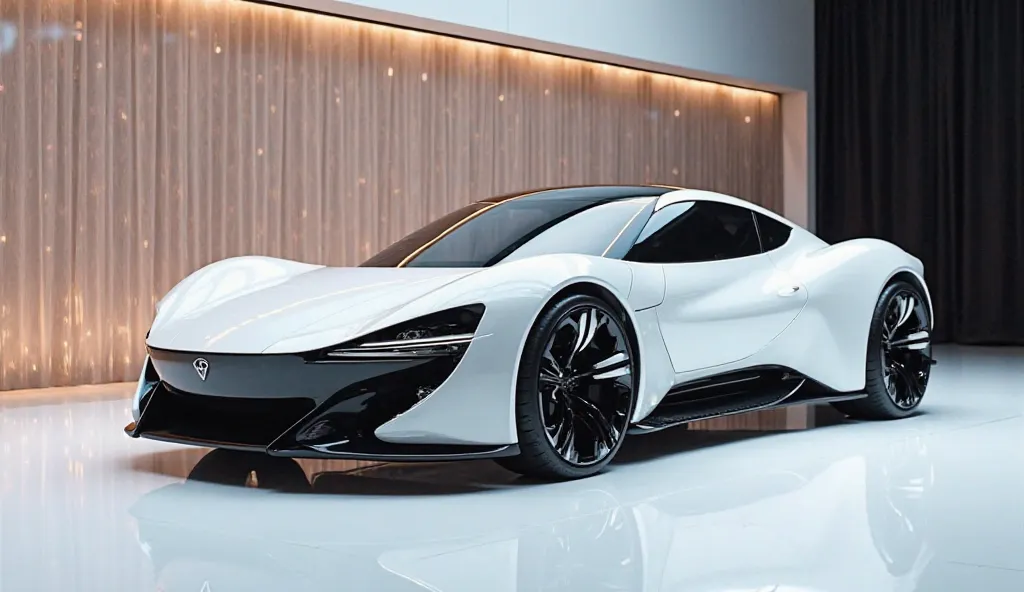 A captivating image of a (2025 3d caar design ) taking center stage in a luxurious , showroom. The futuristic, vibrant (white)exterior gleams, showcasing its sleek, aerody namic design and bold accents. The (simple sides) view highlights the cutting-edge i...