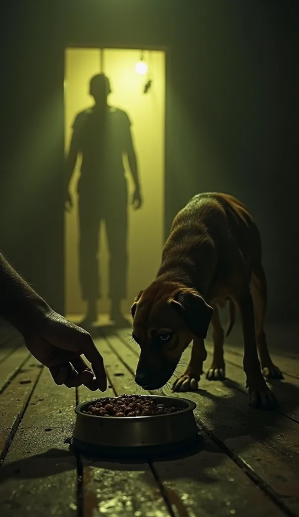 "A dark, eerie room with dim yellowish-green lighting casting long shadows. In the foreground, a rough, weathered hand reaches out to drop food into a metal dog bowl, which rests on a stained and grimy wooden floor. A thin, hungry dog with sad eyes cautiou...