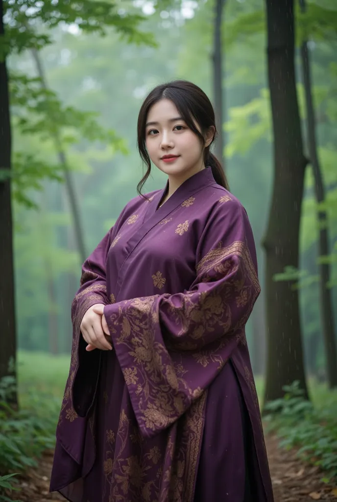 A beautiful Korean girl, slightly chubby, little smile. Wearing dark purple gold paternd ,standing relaxed in forest, many green trees rainy background 