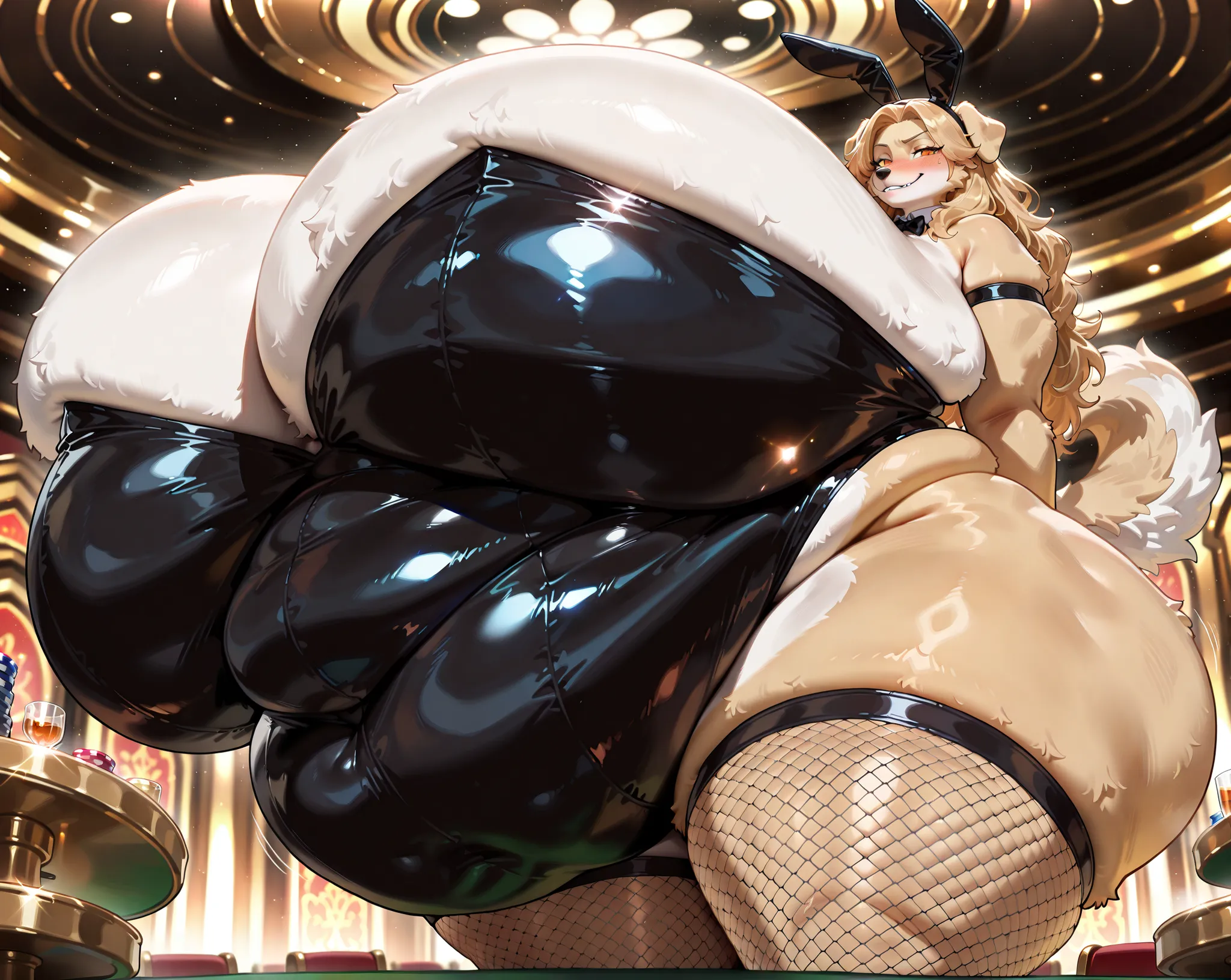 (masterpiece quality, best quality, high resolution:1.1), from behind, from below, cowboy shot, female, (solo, 1 golden retriever anthro), (long muzzle:0.75), (orange eyes), perfect anatomy, (long hair:0.85), long ears, enormous breasts, (big belly:0.85), ...