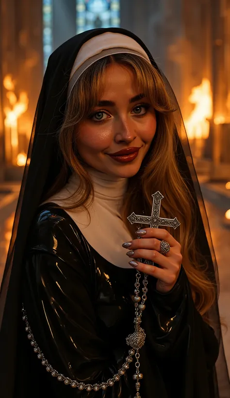 Hyperrealistic 8K photograph, intricate details, (lustful nun:1.3) kneeling in a burning opulent cathedral at night, wearing a skin-tight black latex nun habit with traditional white bib and loose coif (veil) draped over her shoulders, strands of dark hair...