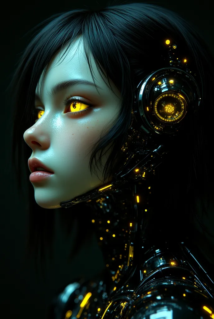 Surrealist photo, macro, a beautiful cybergothic cyborg girl, with yellow LED traces on her face, mechanical parts, dry black hair, large yellow deflated eyes, deformed face, side view, looking at the viewer with her head slightly tilted, absurd best quali...