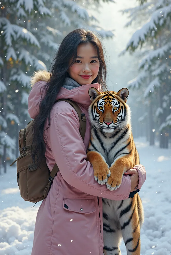 1 Indonesian beauty woman, long hair, white skin, wearing pink thick parka, backpack, smile at camera, look viewer, standing near the pine tree, hug a baby tiger, lots of white snow, lots of fog