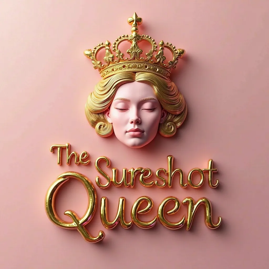 "A luxurious 3D logo featuring 'The Sureshot Queen' in an elegant and bold gold and pink design. The queen's face is creatively formed using stylish typography, seamlessly blending into the design. Her crown is detailed and royal, enhancing the regal theme...