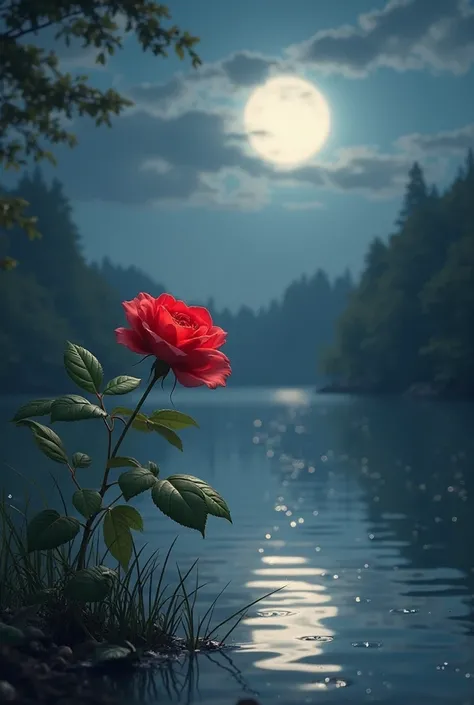 A beautiful lake with a bright Moonlight with big big red rose Shining