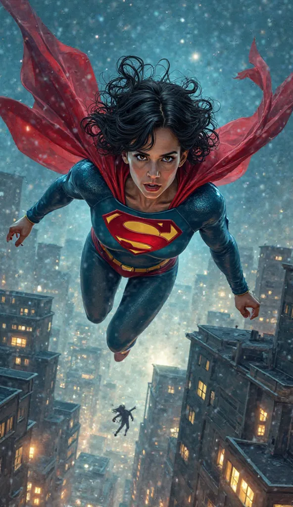 
"Superman is flying in the sky, looking down, where Dr. Chaos flees across the city rooftops. The hero has a determined look,  with her red cape fluttering in the wind . The city below is lit up, and the villain is on the move, looking desperate to escape...