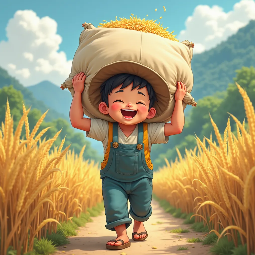 there is a smile  carrying a bag of rice on his shoulder, carrying big sack, farmer, comming, taken in the early 2020s, artwork masterpiece,special , cartoon