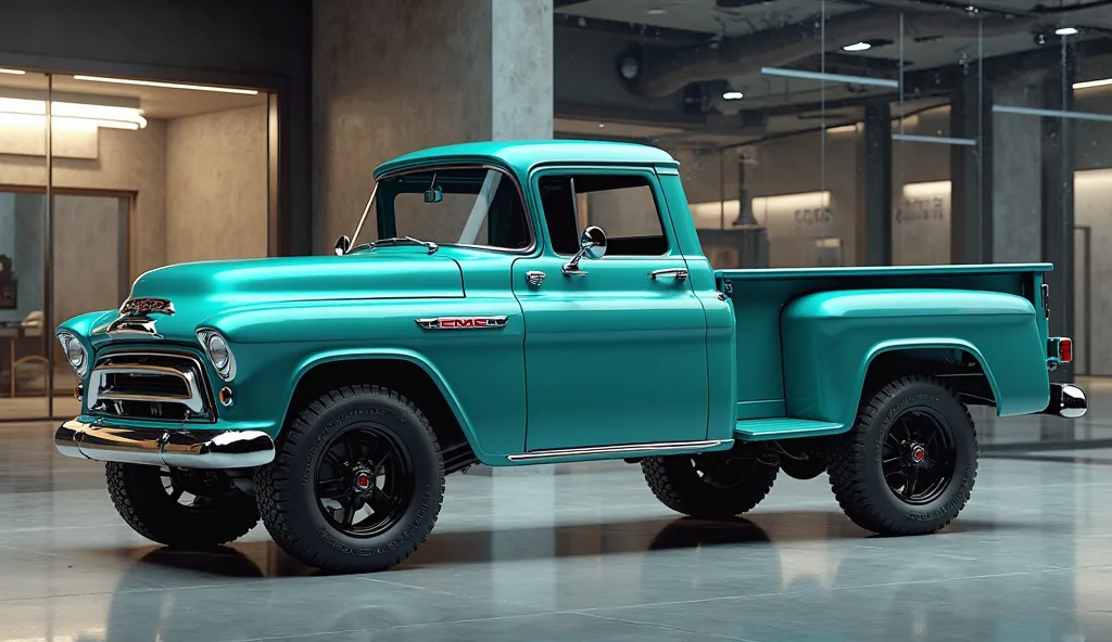  **"A hyper-realistic, ultra-HD digital render of the 2025 GMC Vintage Pickup Truck, capturing a full side view with a Vigo-style cargo bed. The deep turquoise body exudes a bold yet classic charm, seamlessly blending vintage aesthetics with modern toughne...