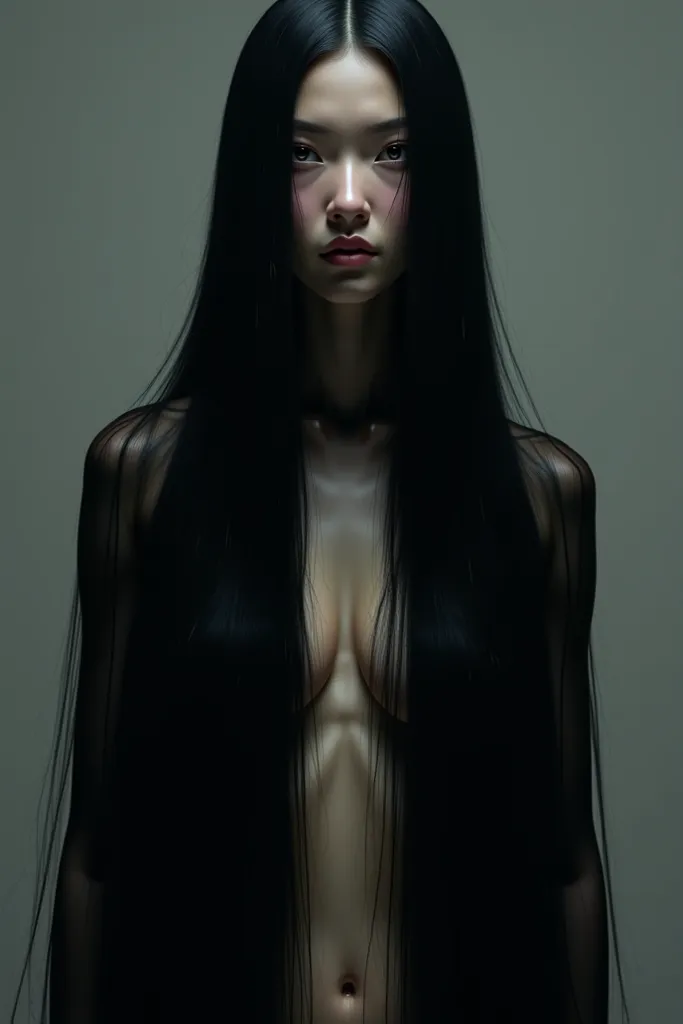 A woman 1.90 meters tall, slightly thin body, large chest, with pale, almost transparent skin. Her long straight hair, black as night, fell like a waterfall covering his entire body, leaving only his face exposed. His eyes were extremely dark, almost like ...