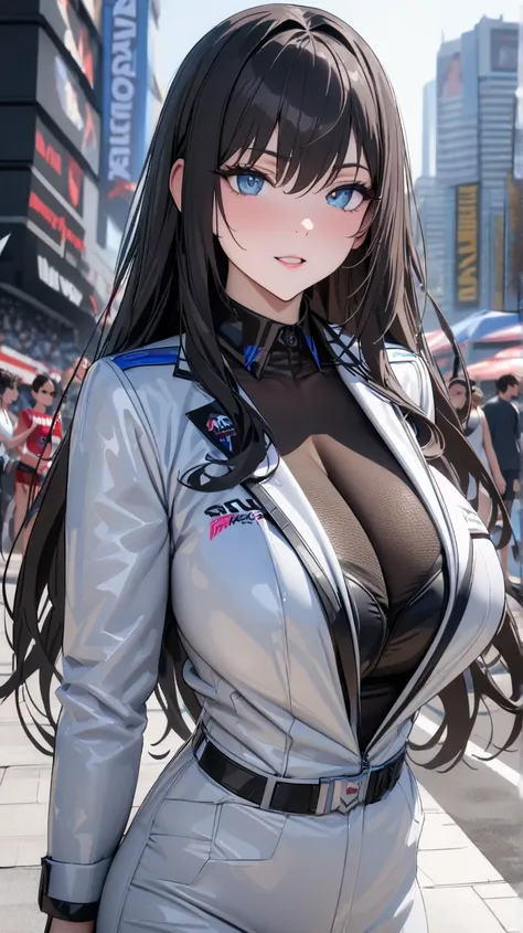 masterpiece , Modern, Verism, masterpiece,  super detail ,  Best quality , 4k ,(( adult face)), Women, wearing a white coat ,Mature Women アメスク Rubia ojos celeste 
Cabello color negro PLANO AMERICANO,  long hair ,  Big breasts ,  blue eyes.   sonrisa provoc...