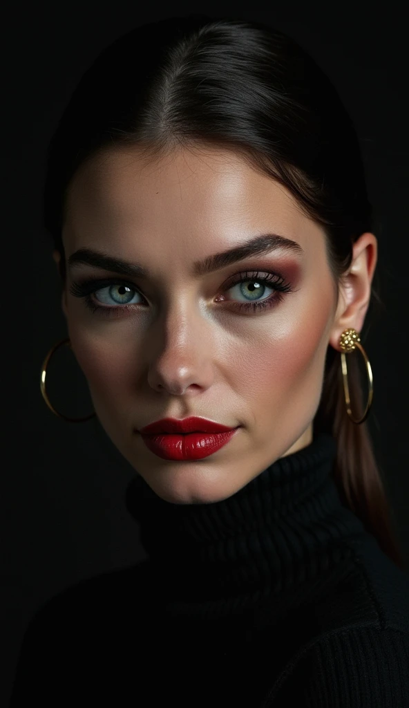 (masterpiece, best quality, ultra realistic) A dramatic close-up portrait of a 30-year-old woman with an intense and seductive gaze. Her almond-shaped blue eyes are highlighted by dark, smoky makeup, and her deep red lips form a subtle smirk. Her dark brow...