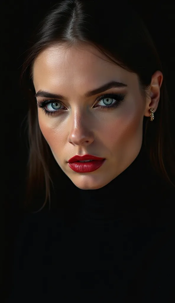 (masterpiece, best quality, ultra realistic) A dramatic close-up portrait of a 30-year-old woman with an intense and seductive gaze. Her almond-shaped blue eyes are highlighted by dark, smoky makeup, and her deep red lips form a subtle smirk. Her dark brow...