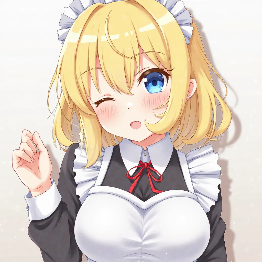 Anime girl, yellow hair, blue eyes, 3rd breast size, intercourse, maid costume, sexual act