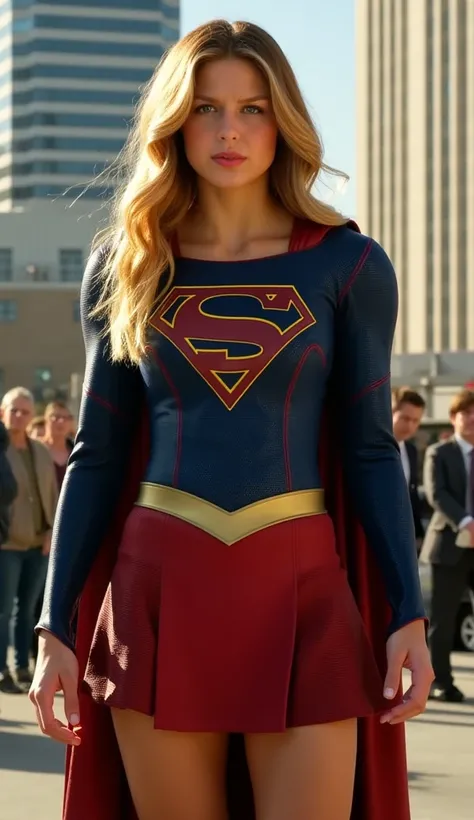 one girl、 Melissa Benoist - SMF 、blond with a big face、superhero、long hair、beautiful lips、exterior armor 、bodysuit、red skirt、 knee-high boots、Red Footwear、high quality、High Resolution、masterpiece、sharp concentration、as in the image、RAW photo、cinematic ligh...