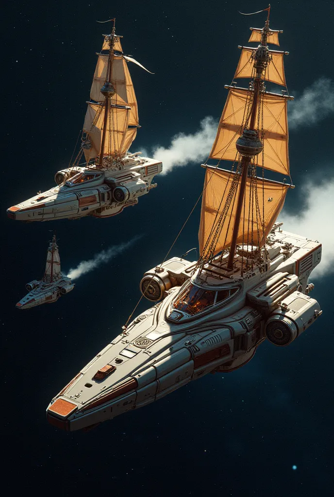 Futuristic ships with classic style from the era of piracy, in space